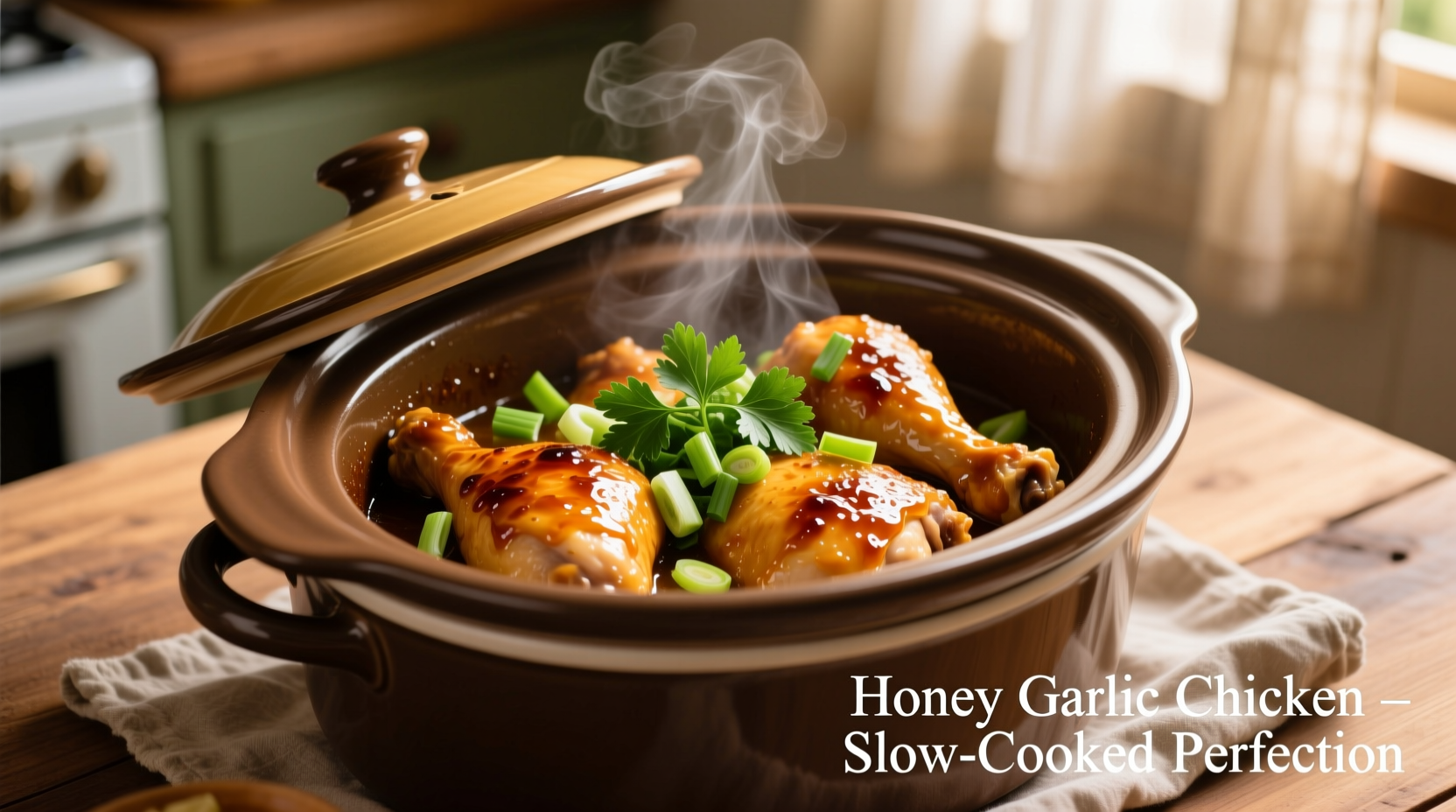 Golden honey garlic chicken thighs in crock pot with fresh garnish