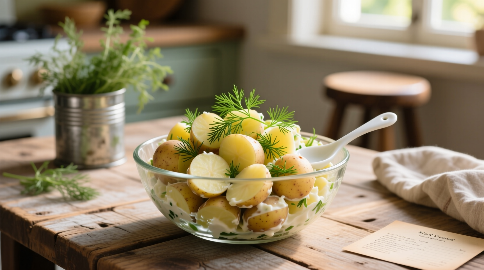 Homemade potato salad in glass bowl with fresh dill garnish