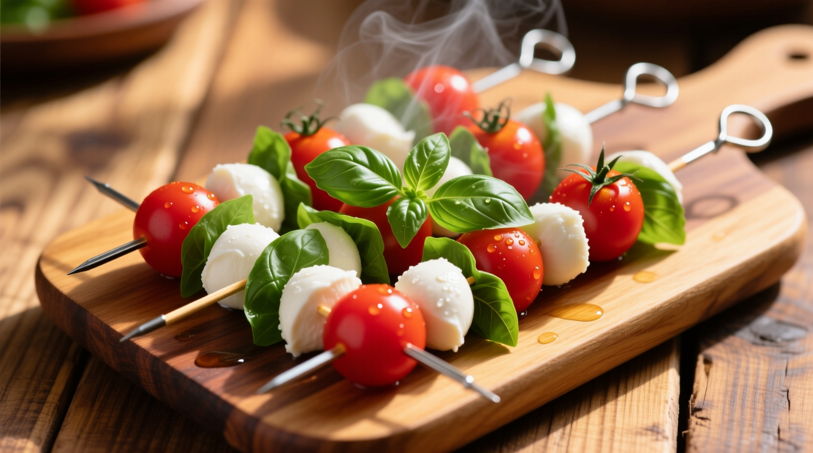 Colorful tomato mozzarella basil skewers on wooden board