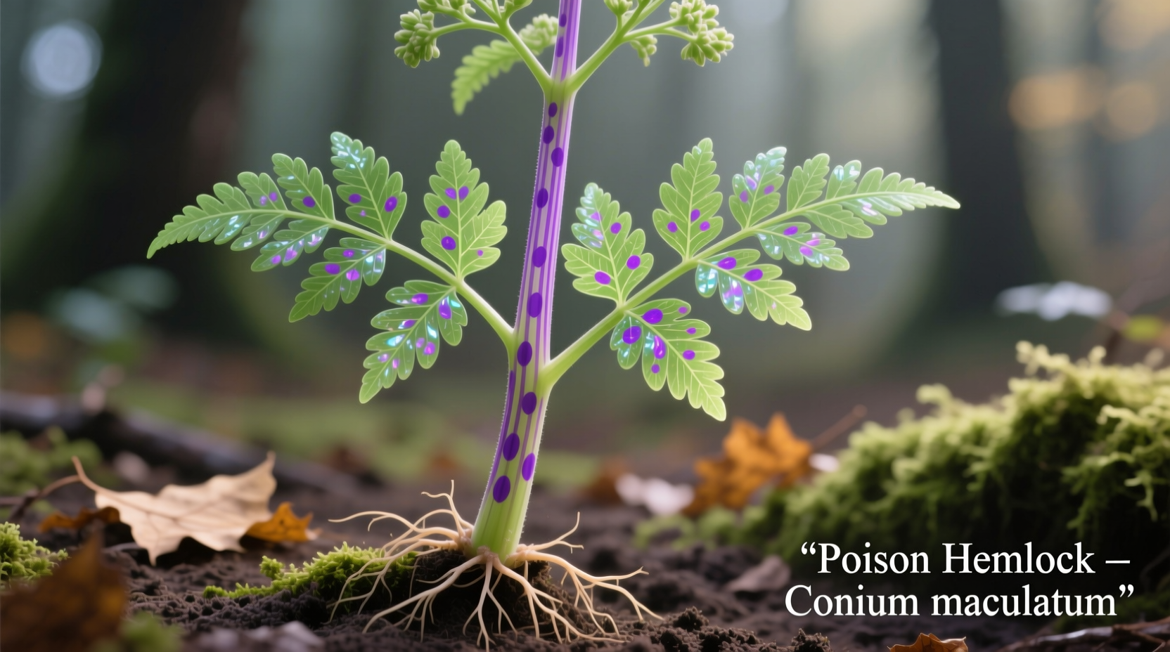 Poison hemlock plant showing purple-spotted stem and fern-like leaves