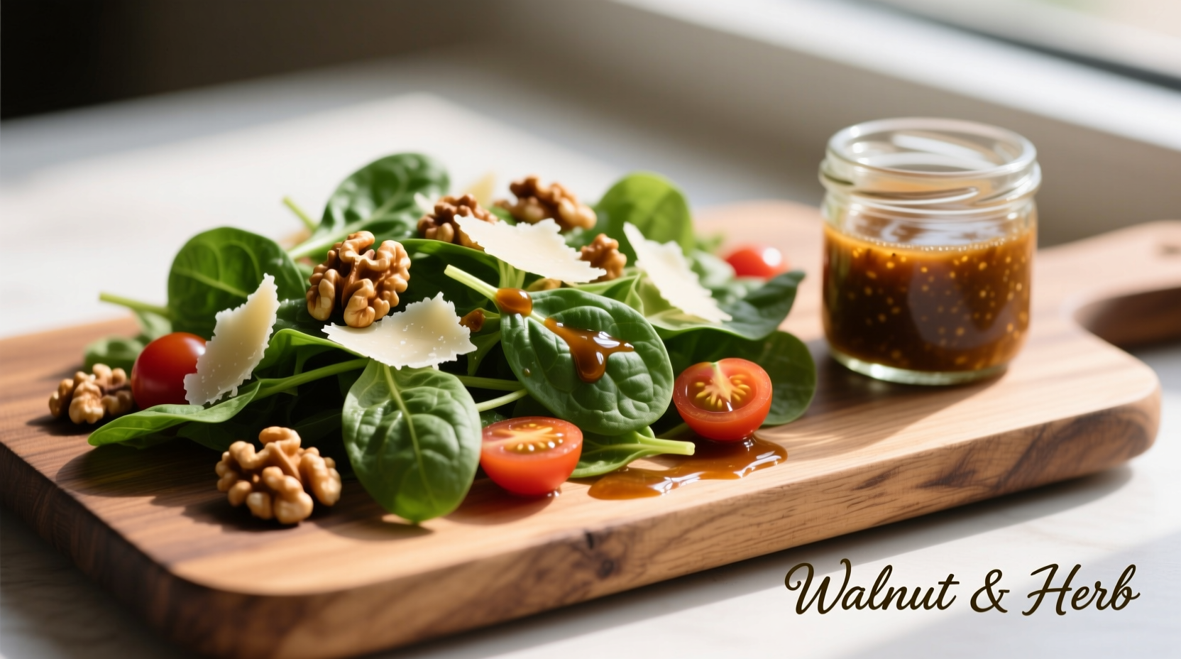 Homemade spinach salad with walnut vinaigrette