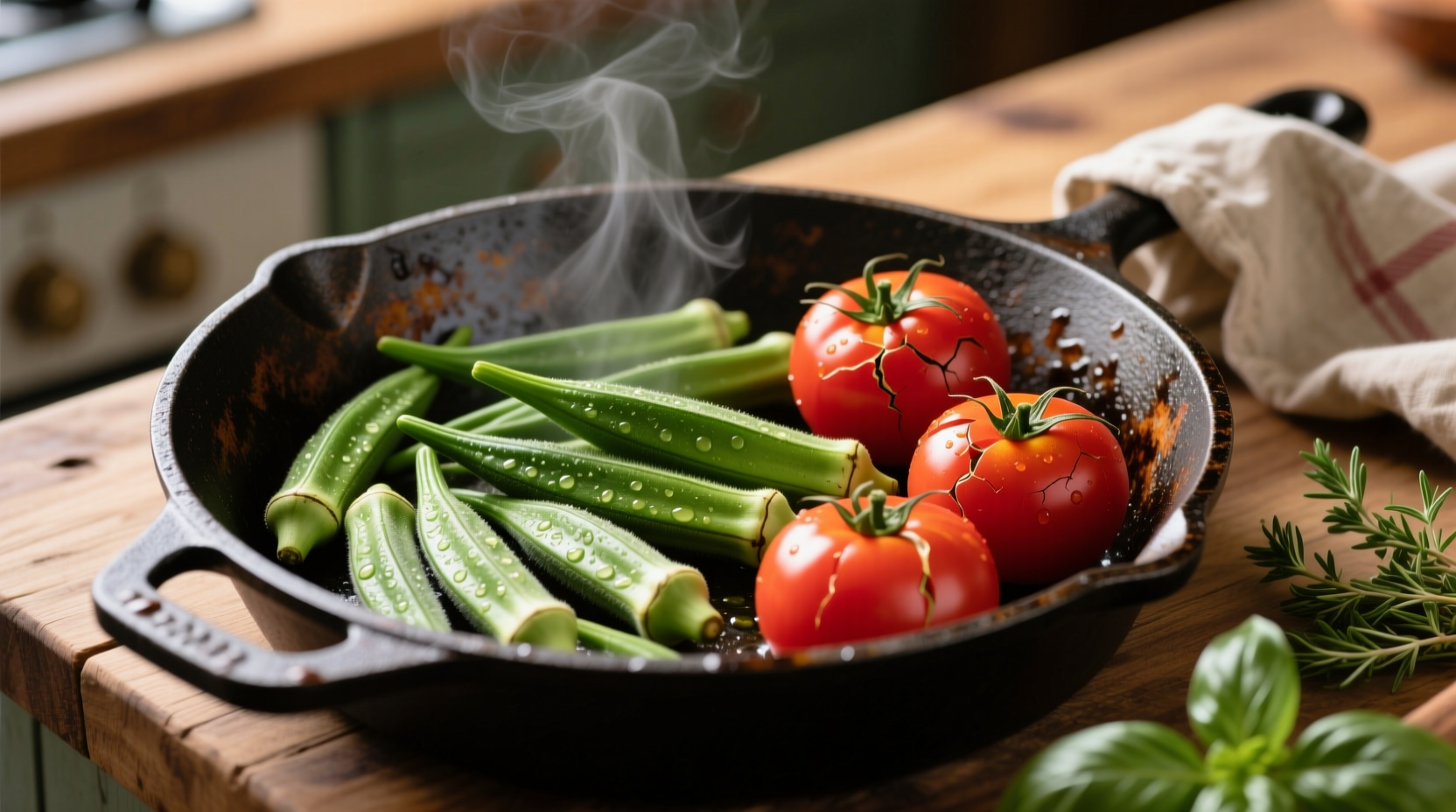 Fresh okra and ripe tomatoes in cast iron skillet