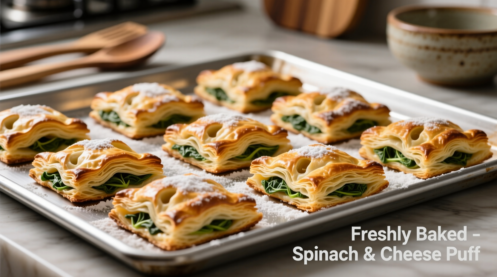 Golden brown spinach cheese puff pastry rectangles on baking sheet
