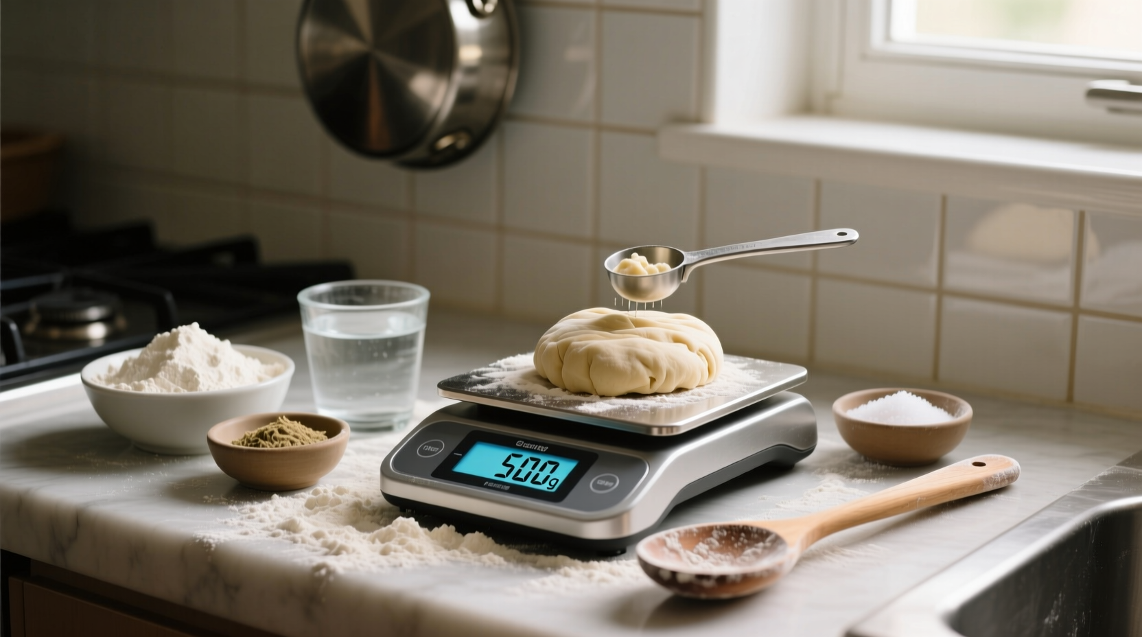 Measuring pizza dough ingredients with kitchen scale
