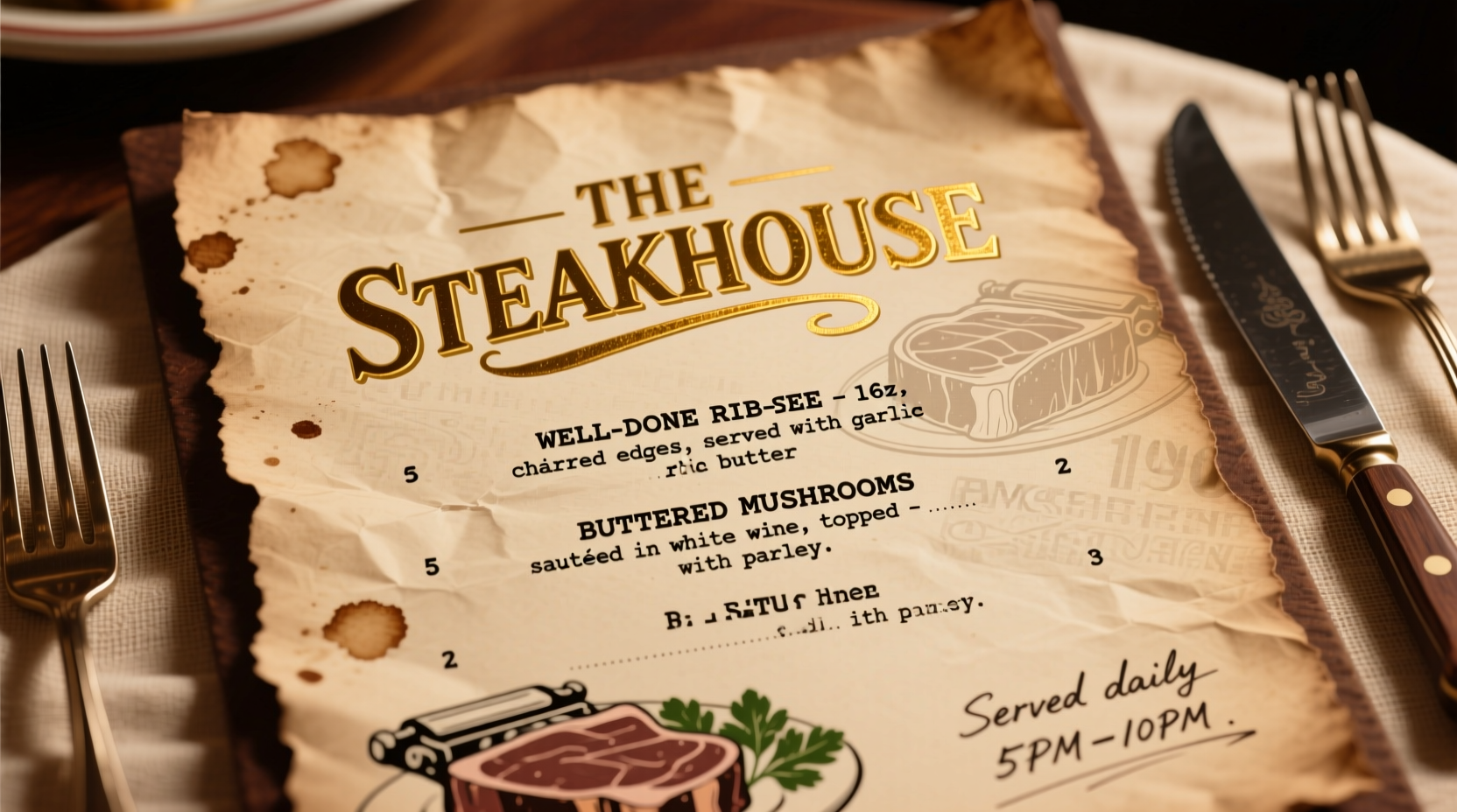 Vintage steakhouse menu with classic typography
