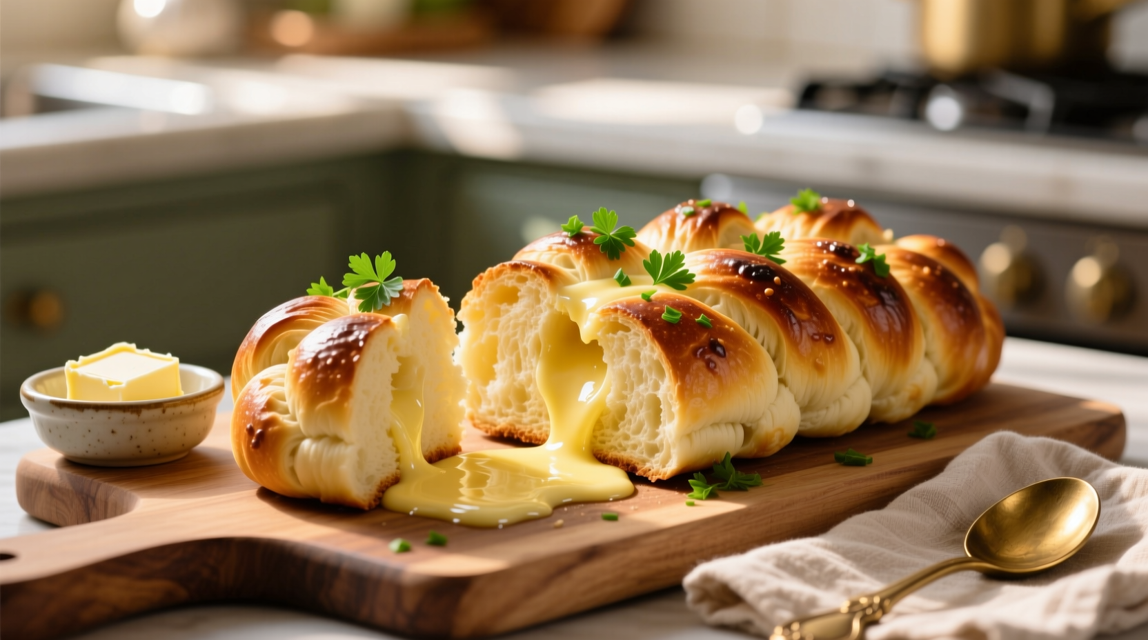 Golden challah garlic bread with melted butter