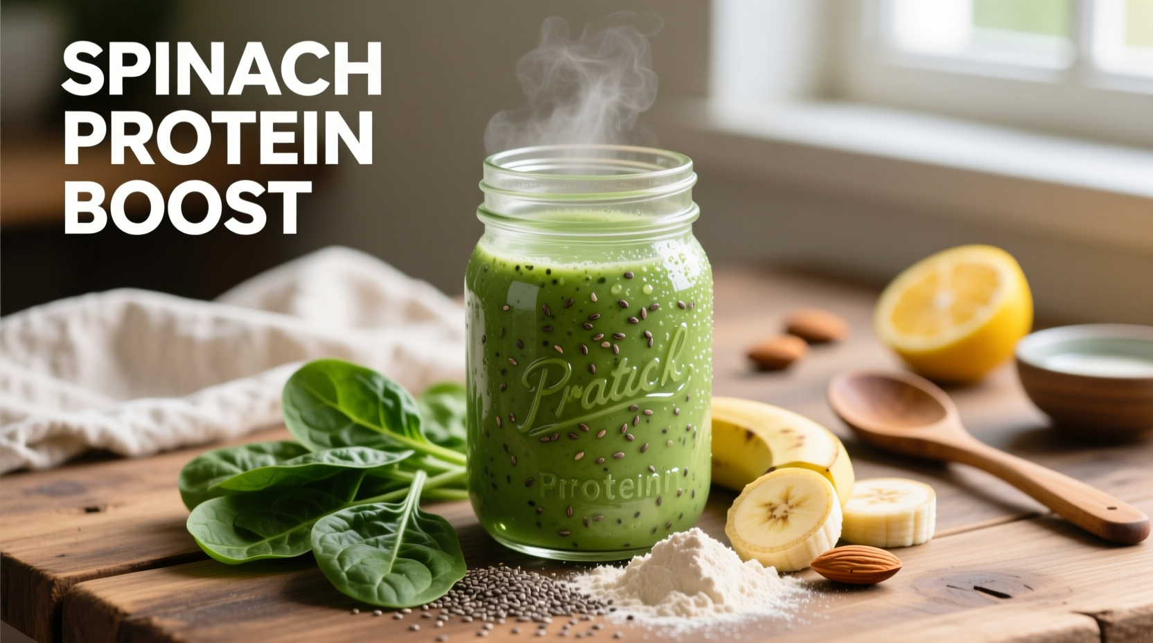 Fresh spinach protein smoothie in mason jar with ingredients