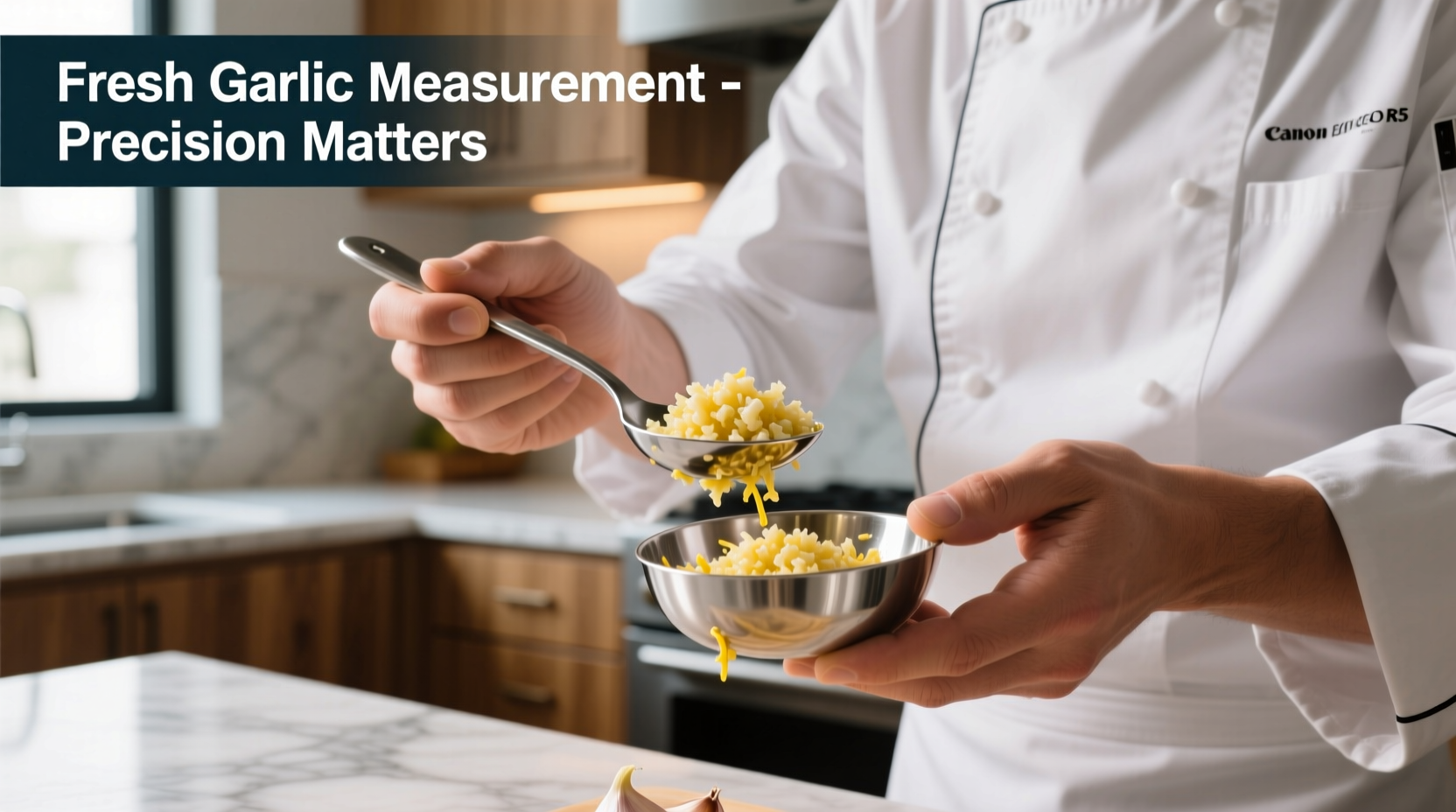 Chef measuring minced garlic in tablespoon