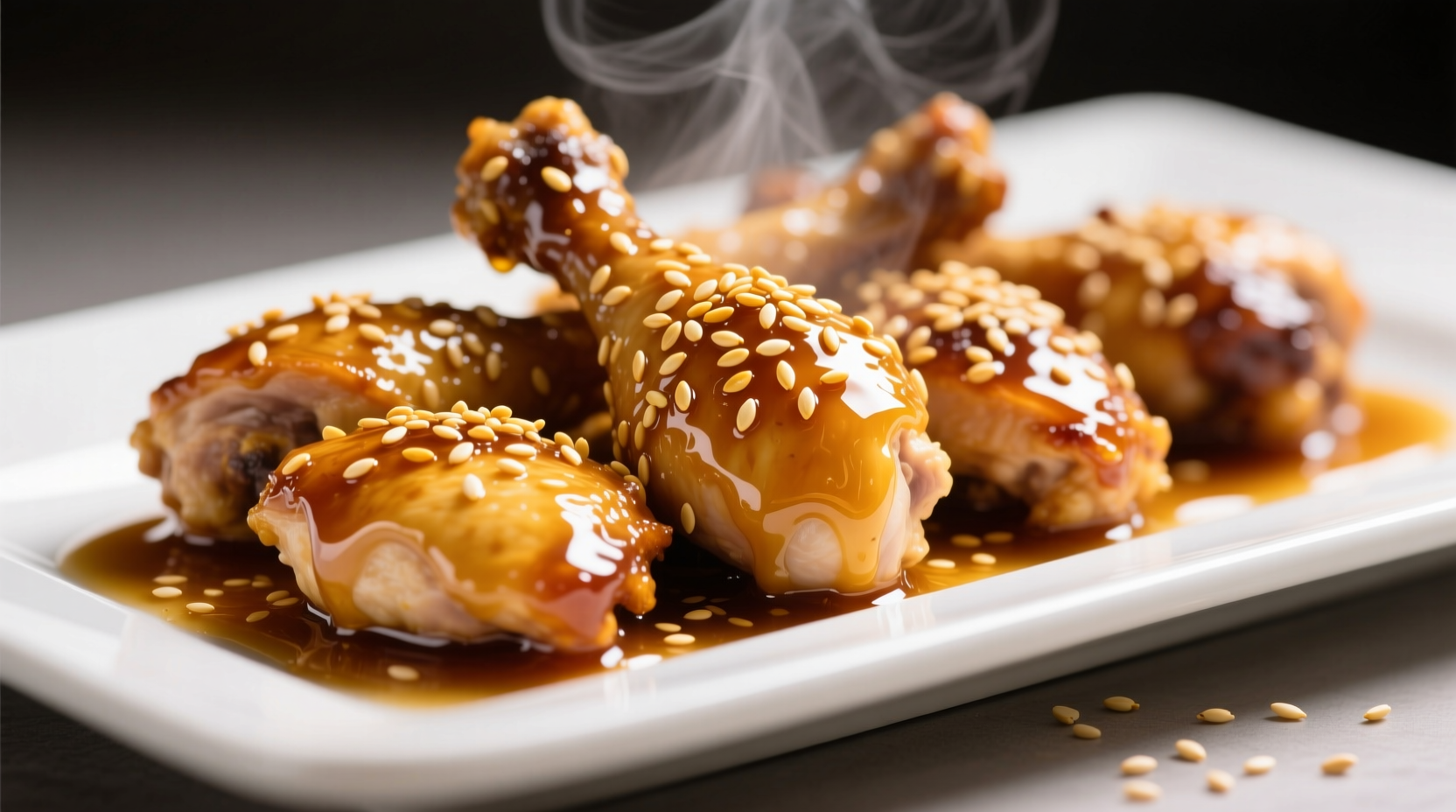 Glossy honey garlic chicken with sesame seeds