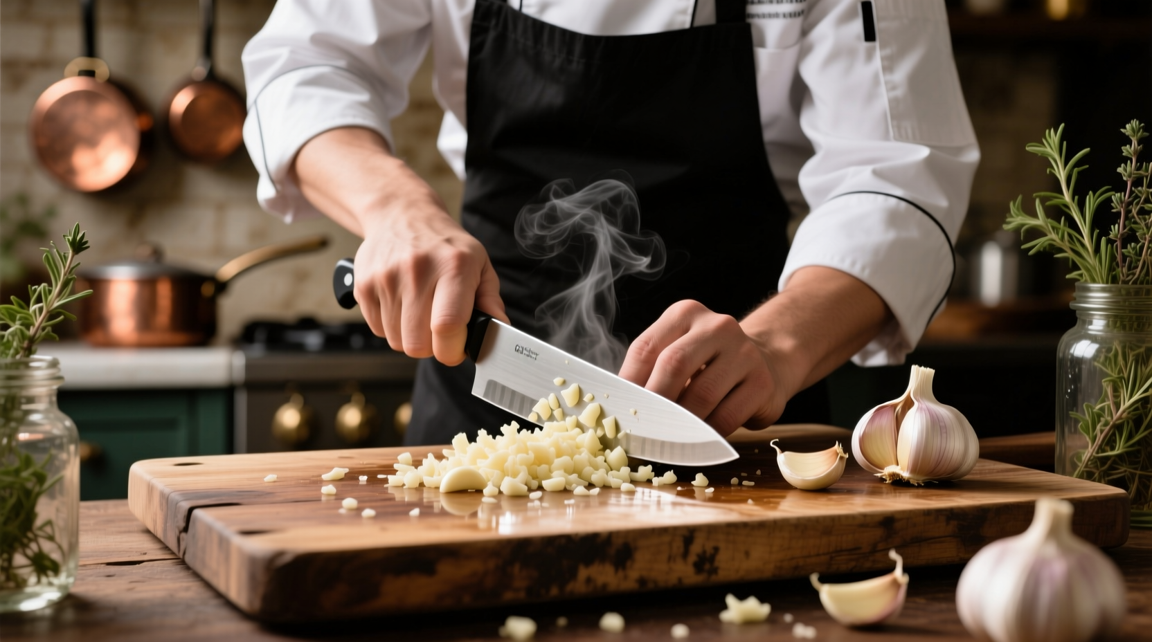 Professional chef mincing fresh garlic cloves on cutting board
