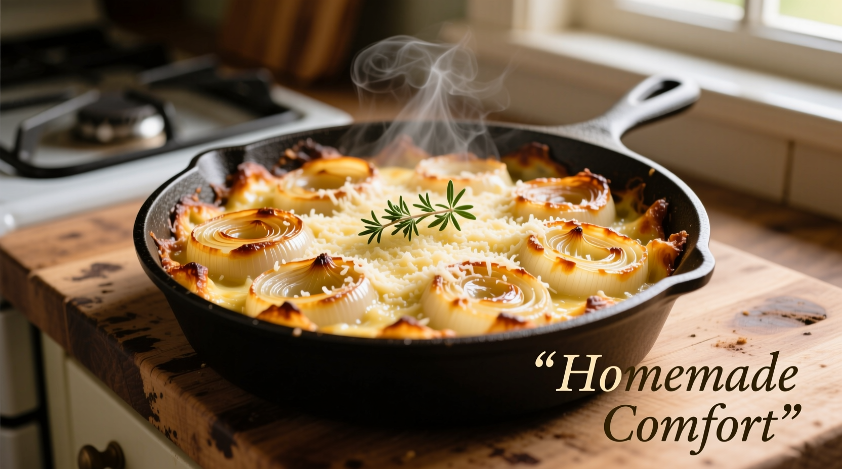 Golden parmesan onion bake in cast iron skillet