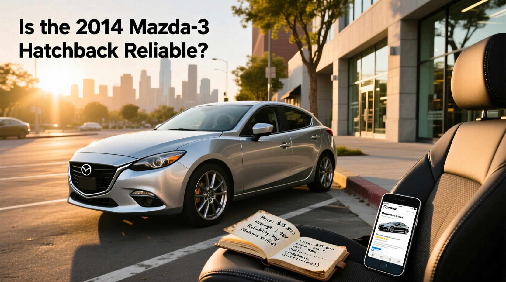 Price of 2014 Mazda3 hatchback listed for sale, showing exterior and price tag