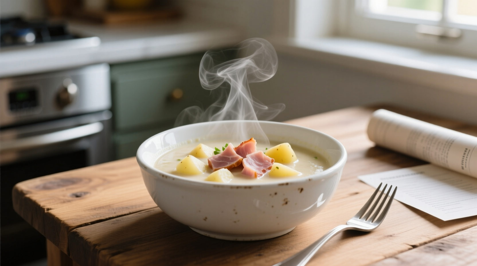 Quick ham and potato soup in white bowl