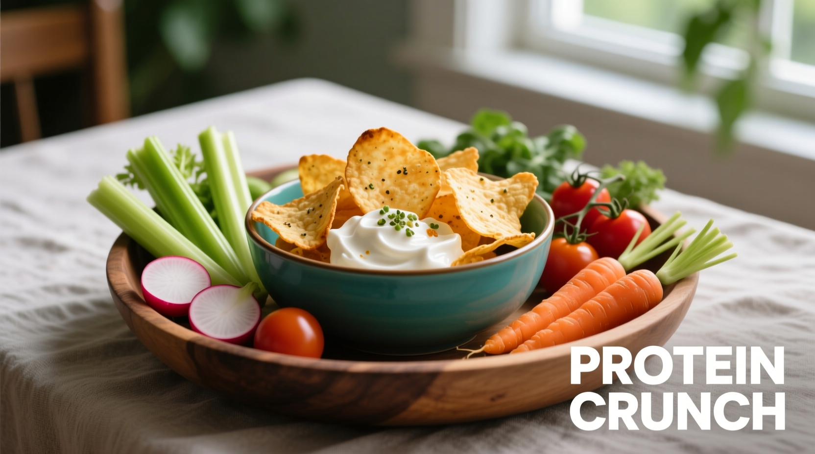 Quest sour cream and onion protein chips in bowl with fresh vegetables