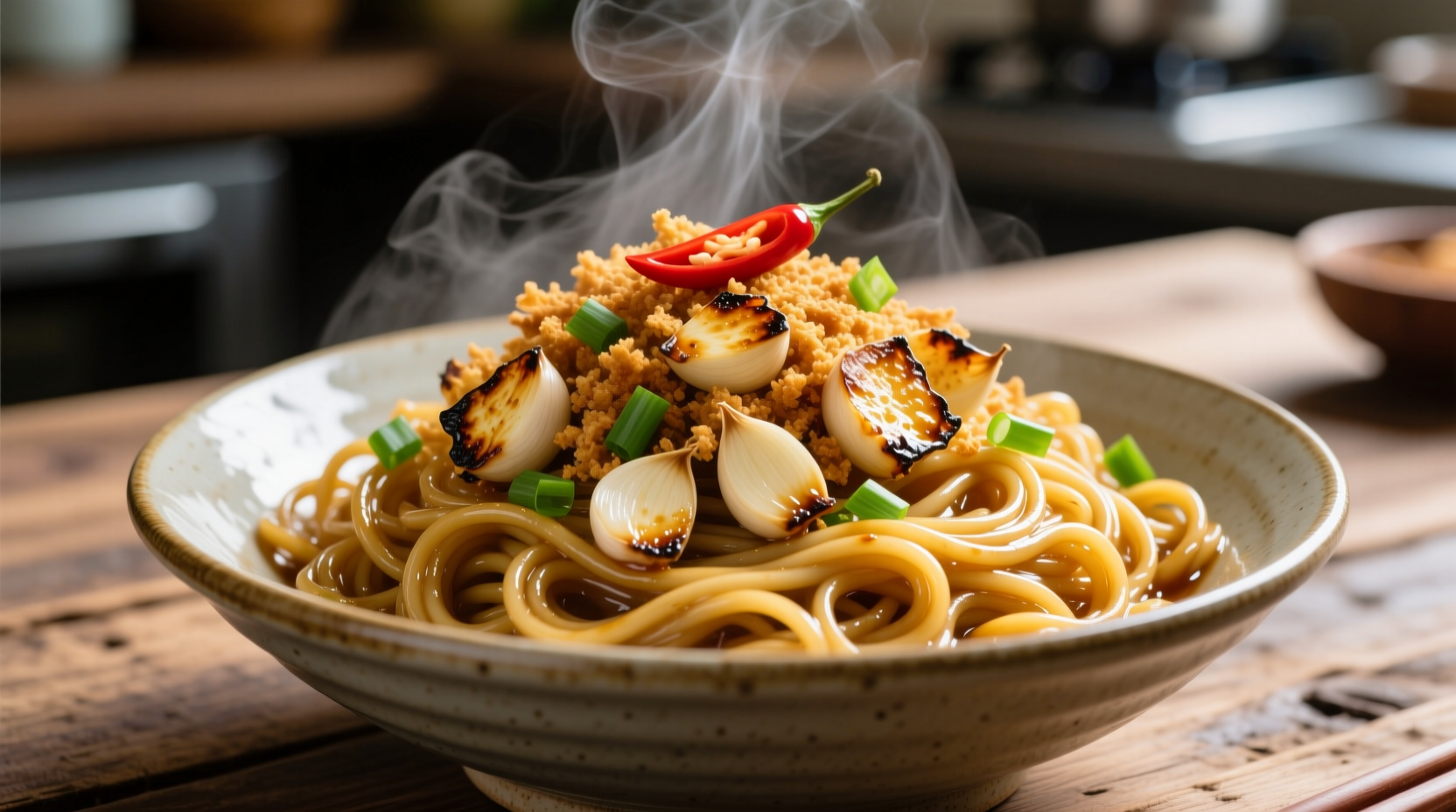 Golden Vietnamese garlic noodles with crispy garlic topping