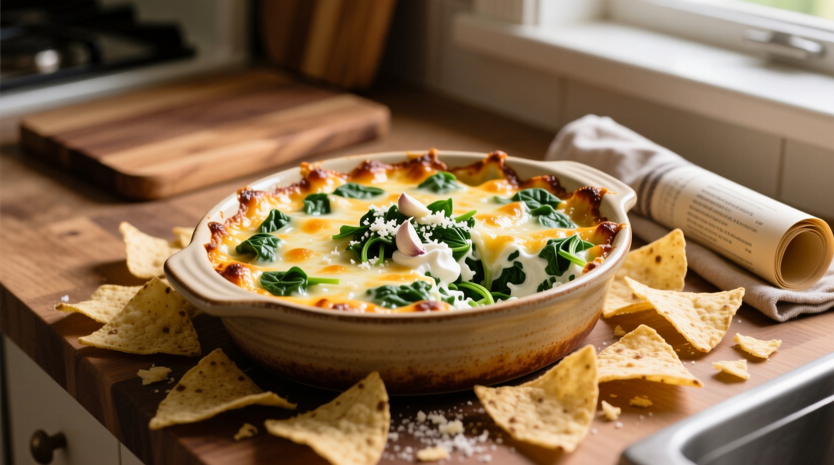 Creamy spinach dip in oven dish with tortilla chips