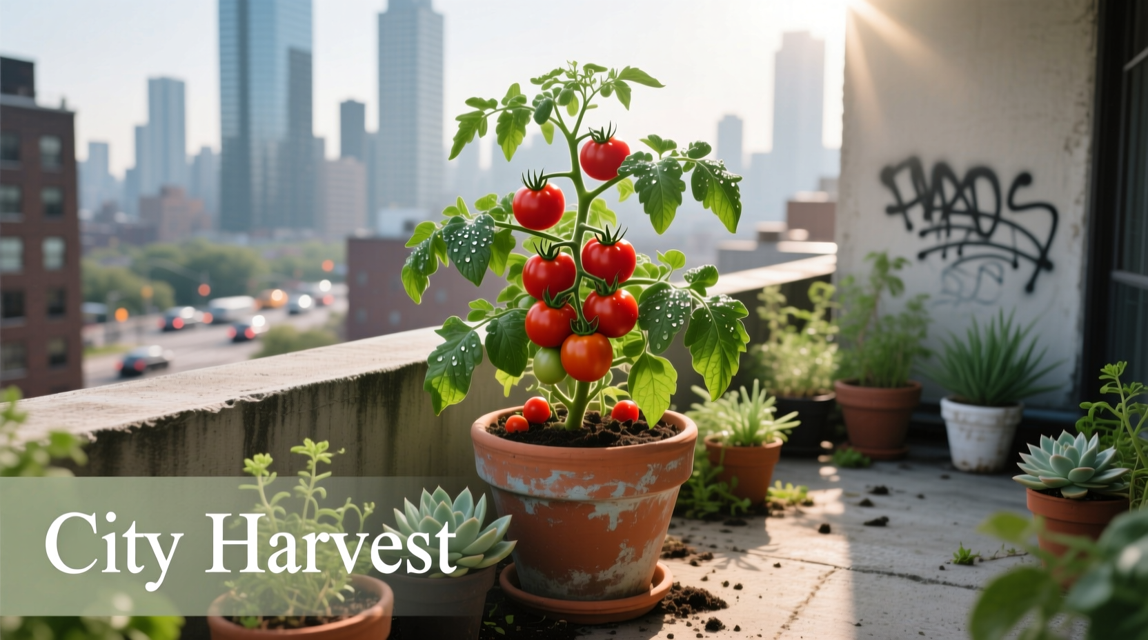 Urban tomato plant growing in container on city balcony