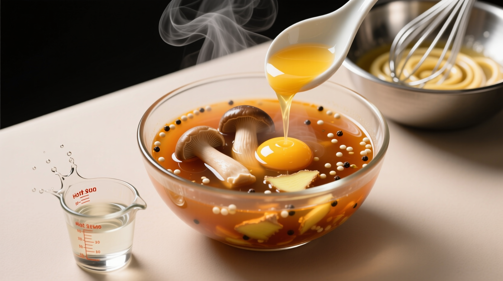 Step-by-step collage: rehydrating dried mushrooms, adding vinegar to simmering broth, tempering egg mixture