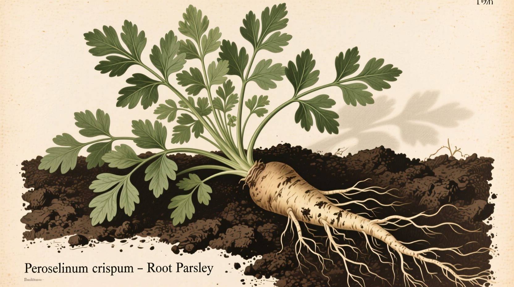 Root parsley with soil-covered taproot and fresh greens