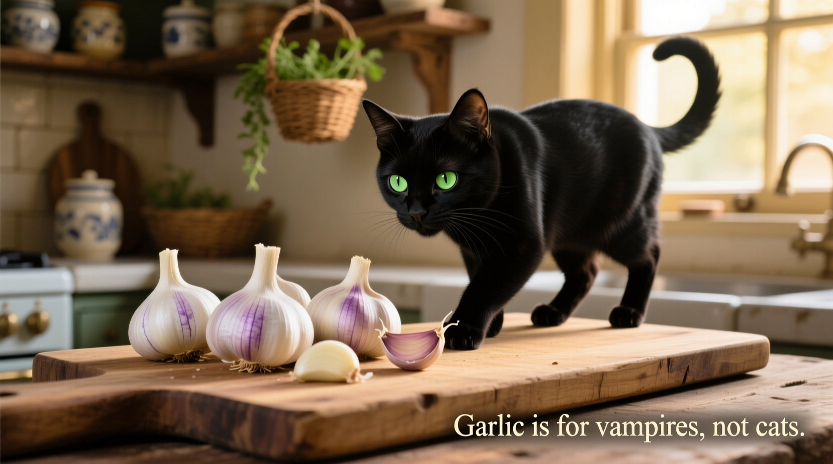 Cat avoiding garlic cloves on wooden cutting board