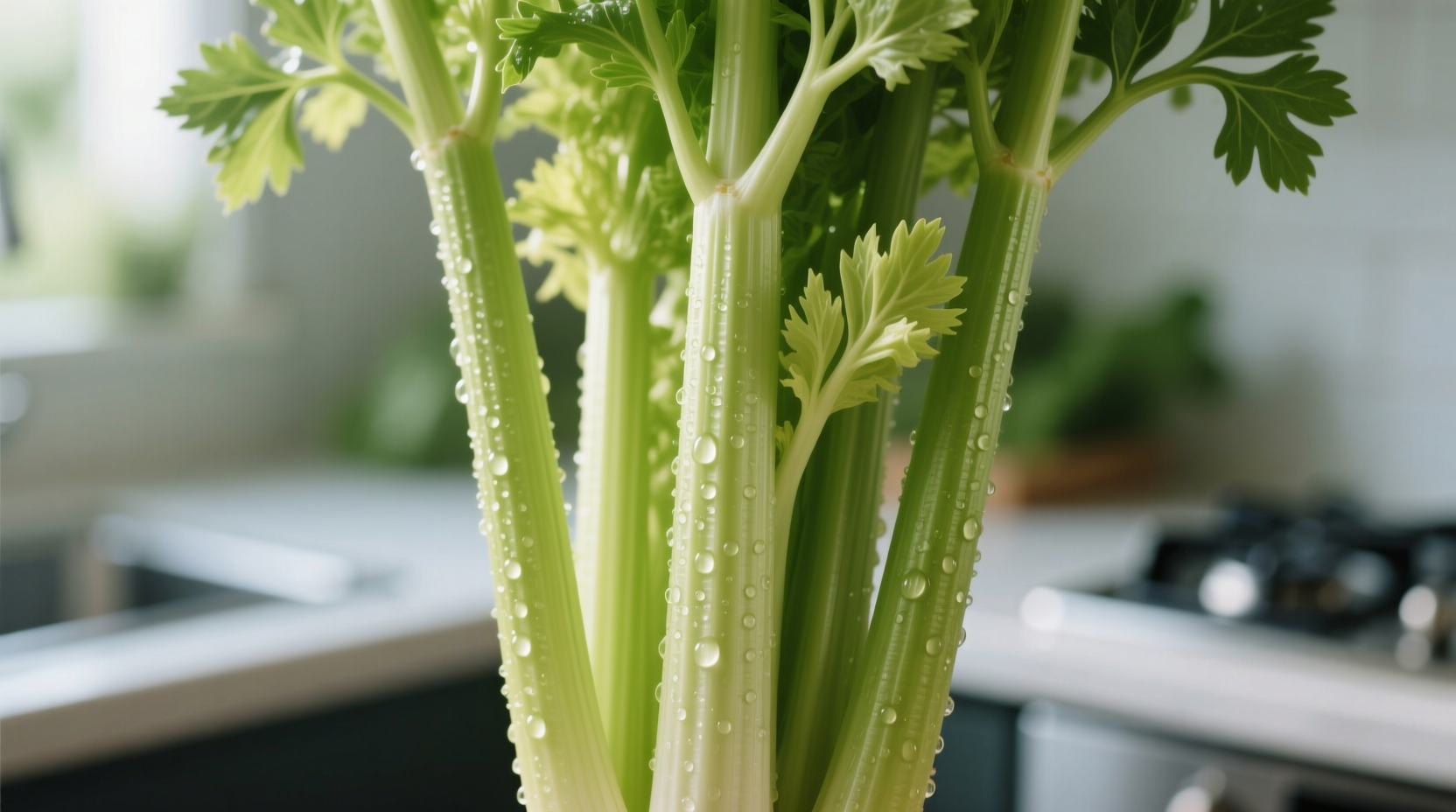 Close-up of celery bunch showing individual petioles