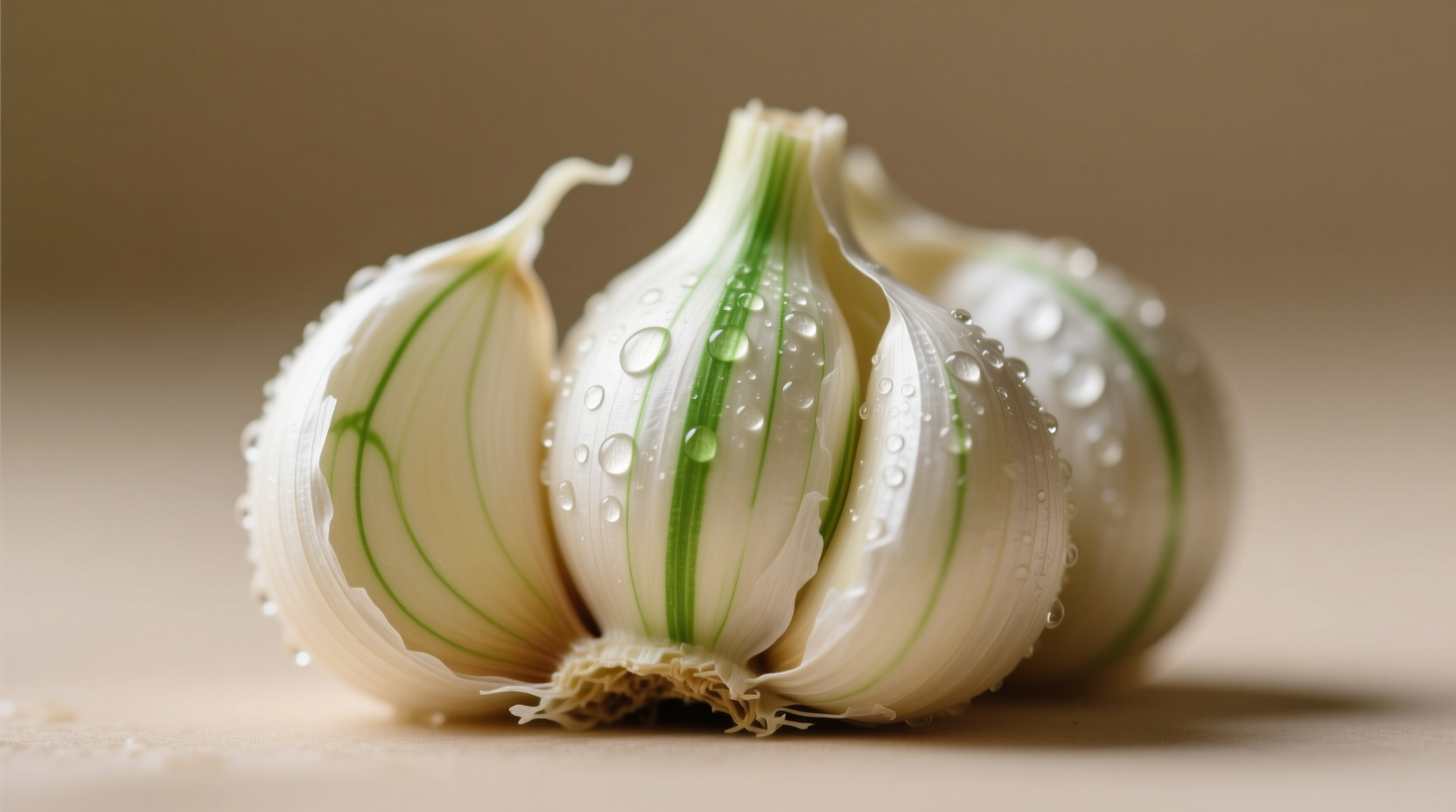 Close-up of garlic cloves showing natural green streaks