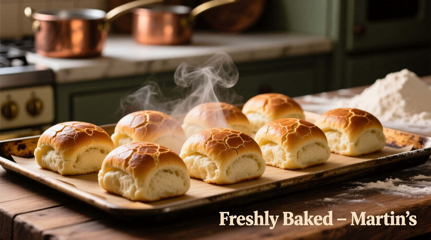 Fresh Martin's potato rolls on baking sheet