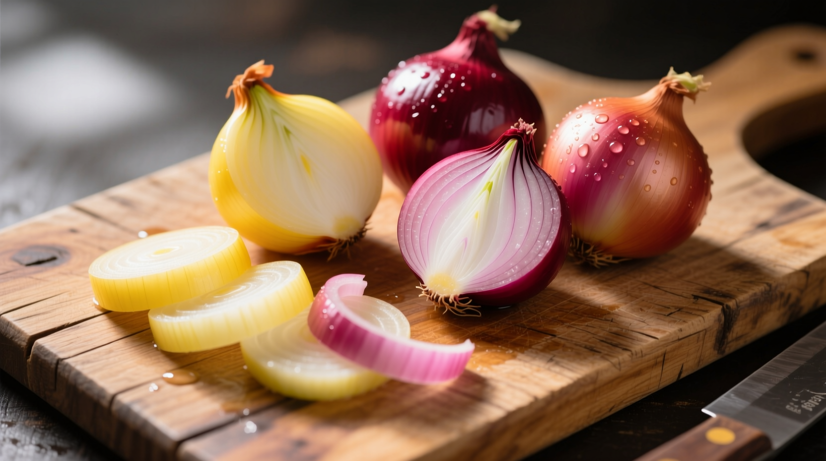 Fresh yellow, red, and sweet onions on wooden cutting board
