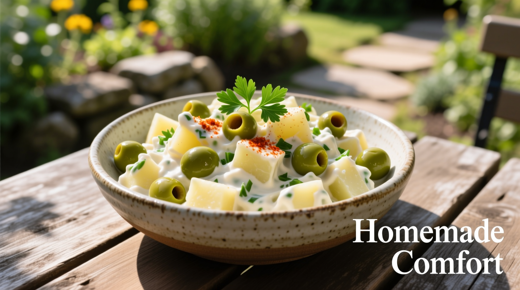 Creamy potato salad with green olives in serving bowl
