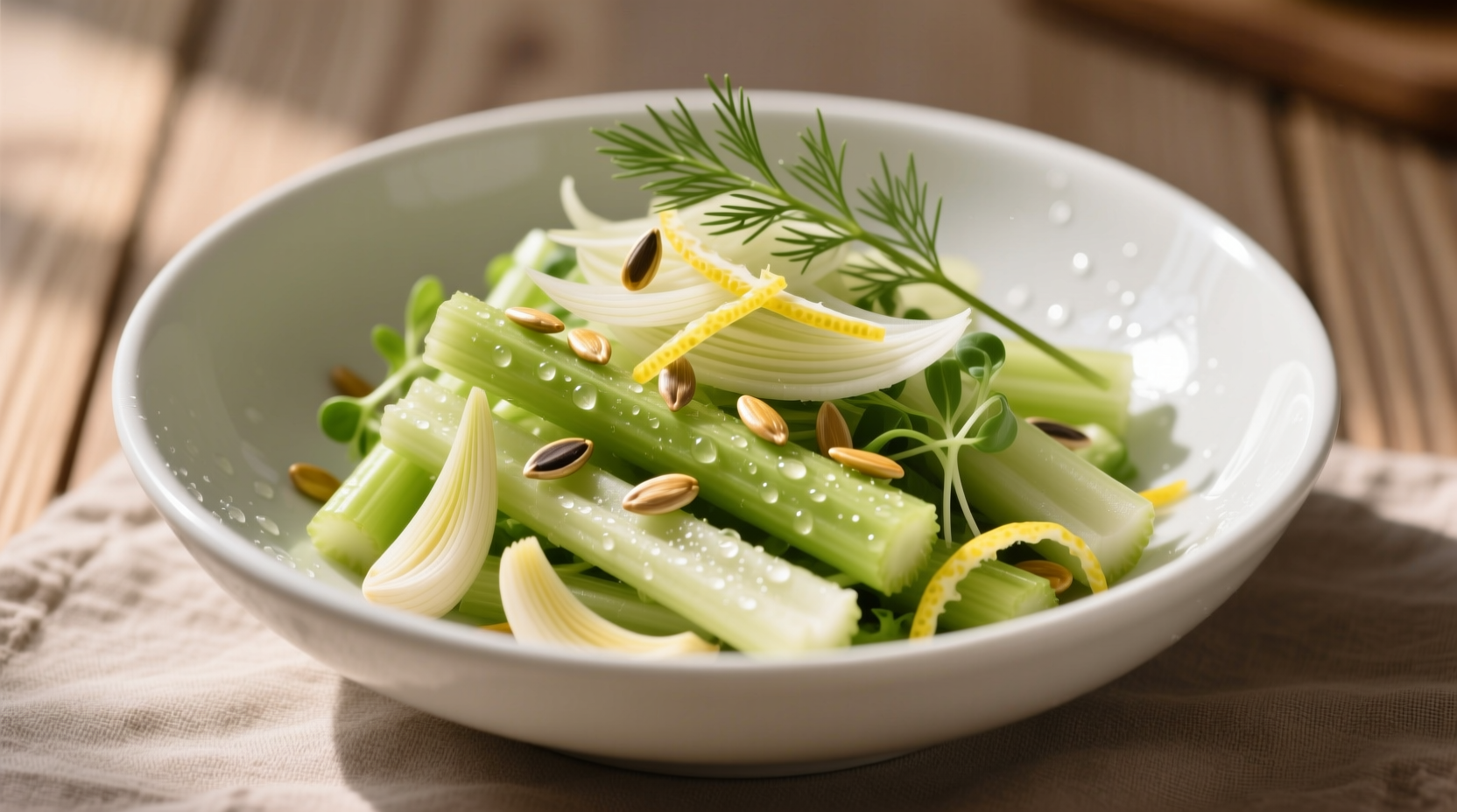 Fresh celery salad in white ceramic bowl
