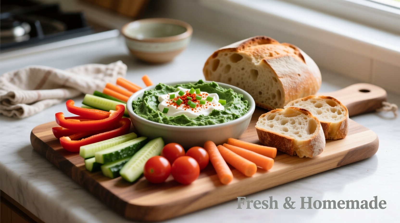 Homemade spinach dip with vegetables and bread for dipping