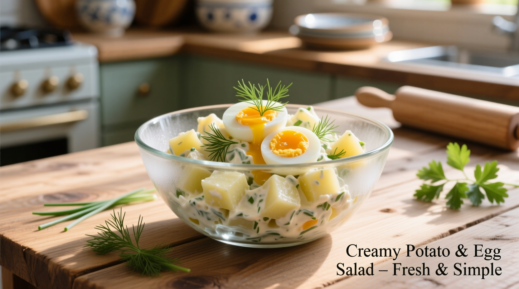 Creamy potato and egg salad in a glass bowl