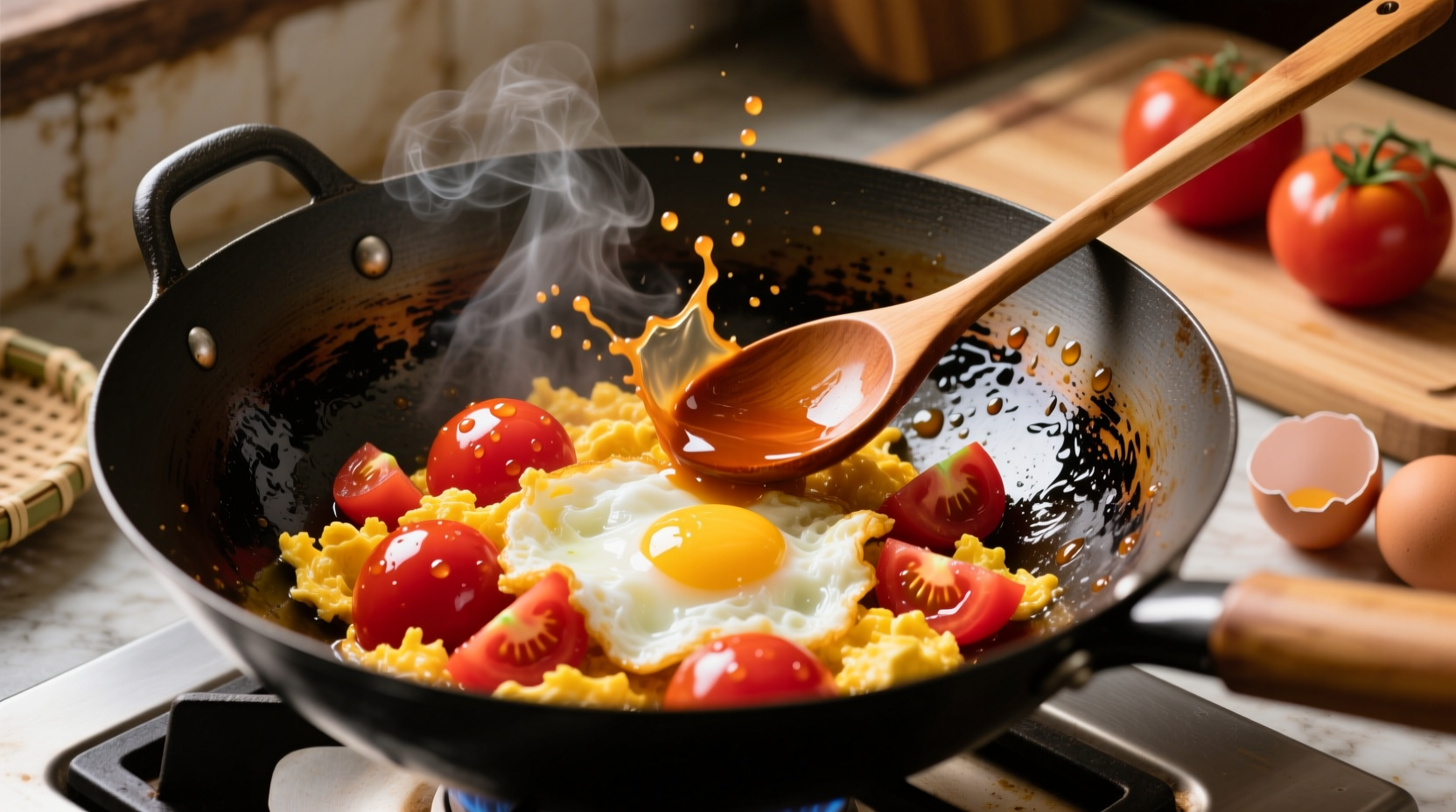 Chinese tomato egg stir fry in wok