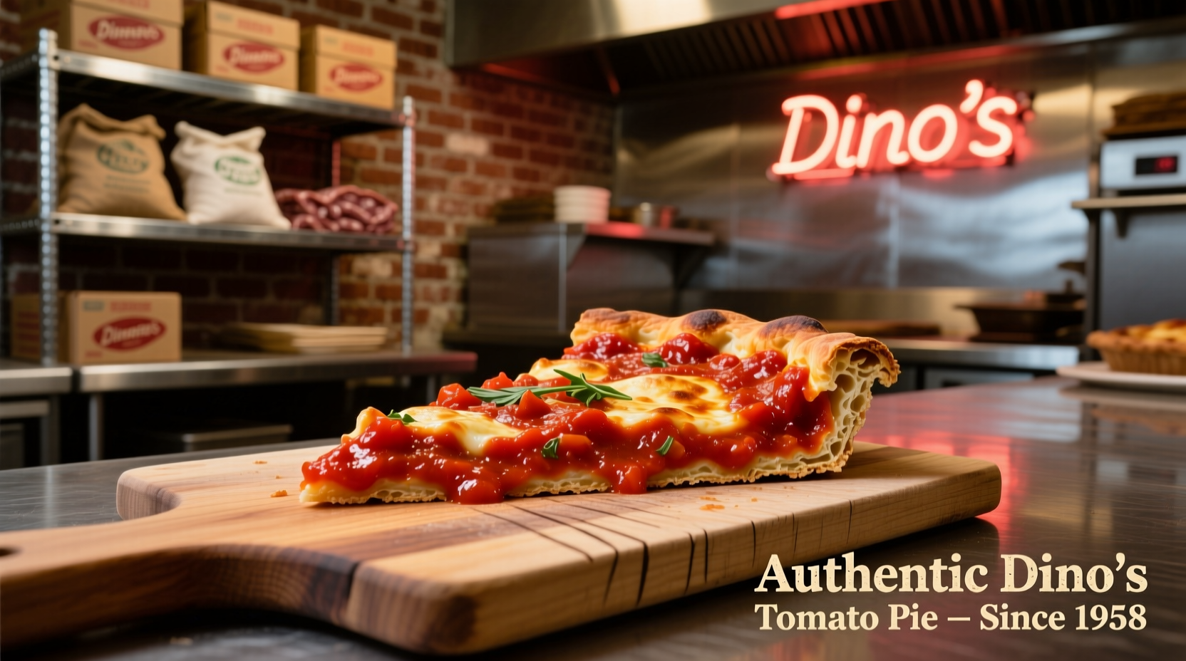 Slice of authentic Dino's tomato pie showing sauce-on-top preparation