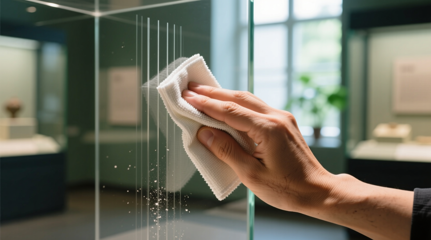 Close-up of a hand using a folded microfiber cloth to wipe an acrylic display case in straight vertical strokes, with diffused natural lighting showing zero reflections or streaks