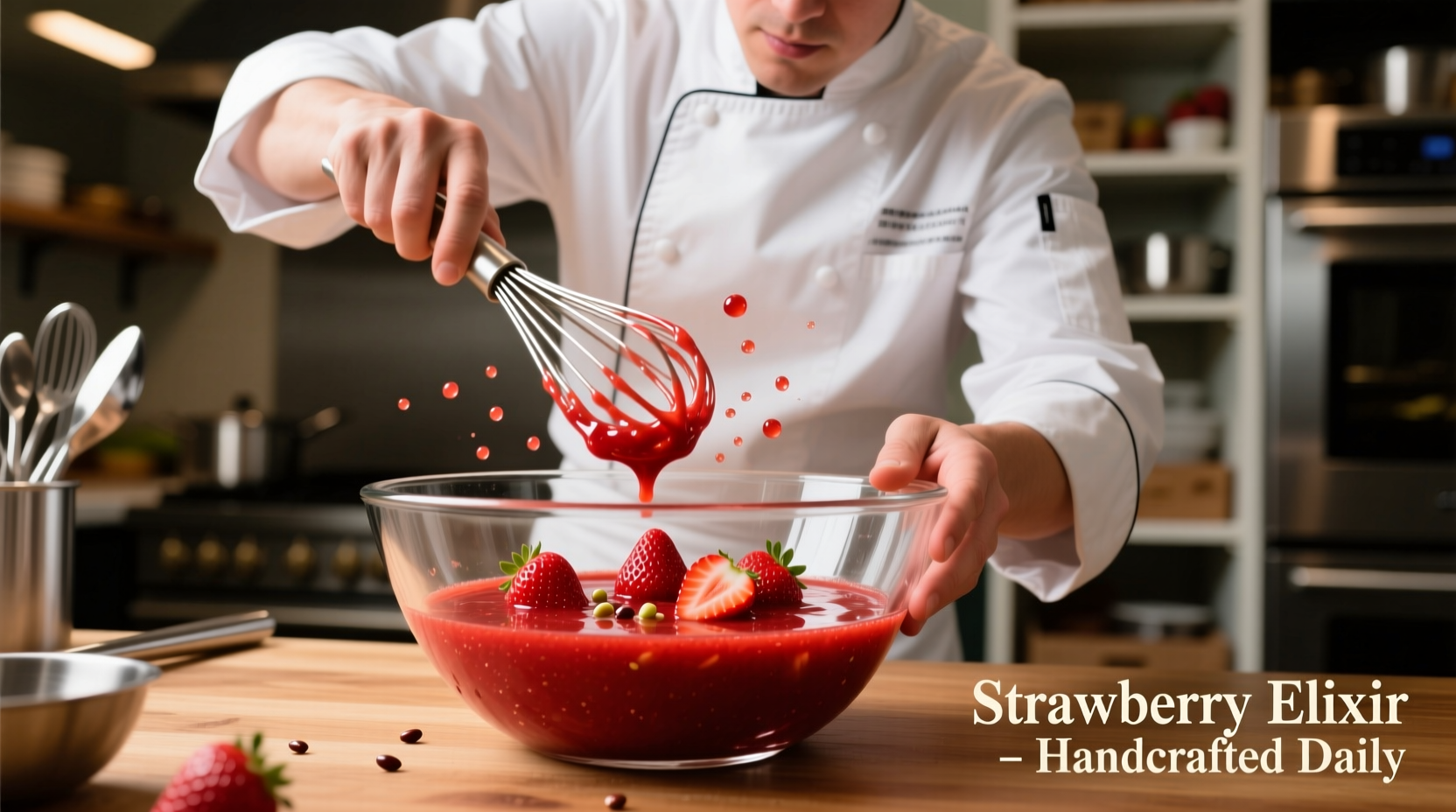Chef whisking vibrant red strawberry dressing in glass bowl