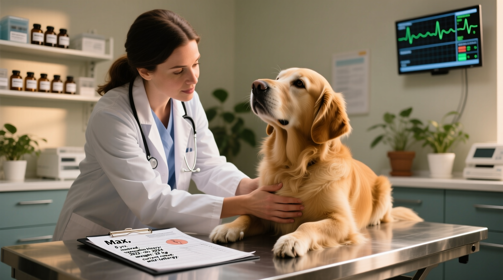 Veterinarian examining dog with medical chart