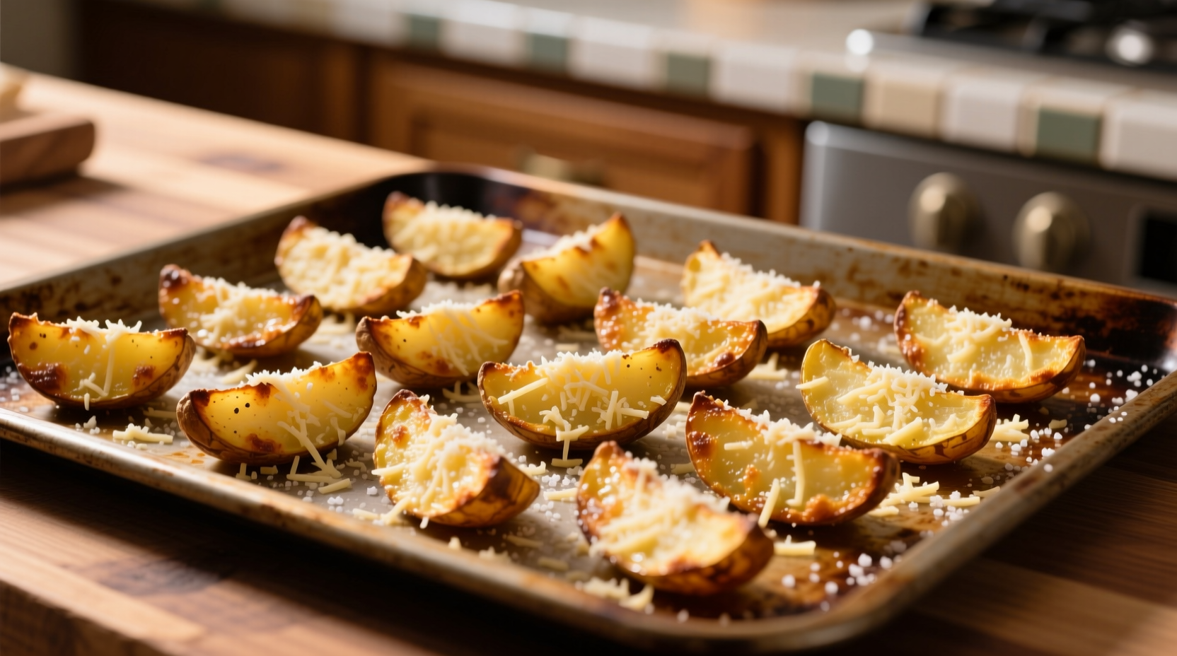 Golden parmesan crusted potato wedges on baking sheet