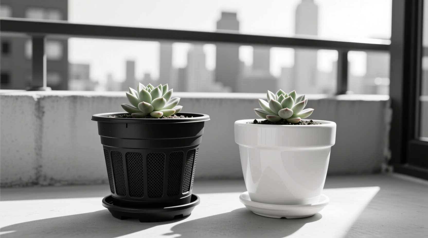 Comparison of black plastic pot with drainage screen and white pot in identical sunny location