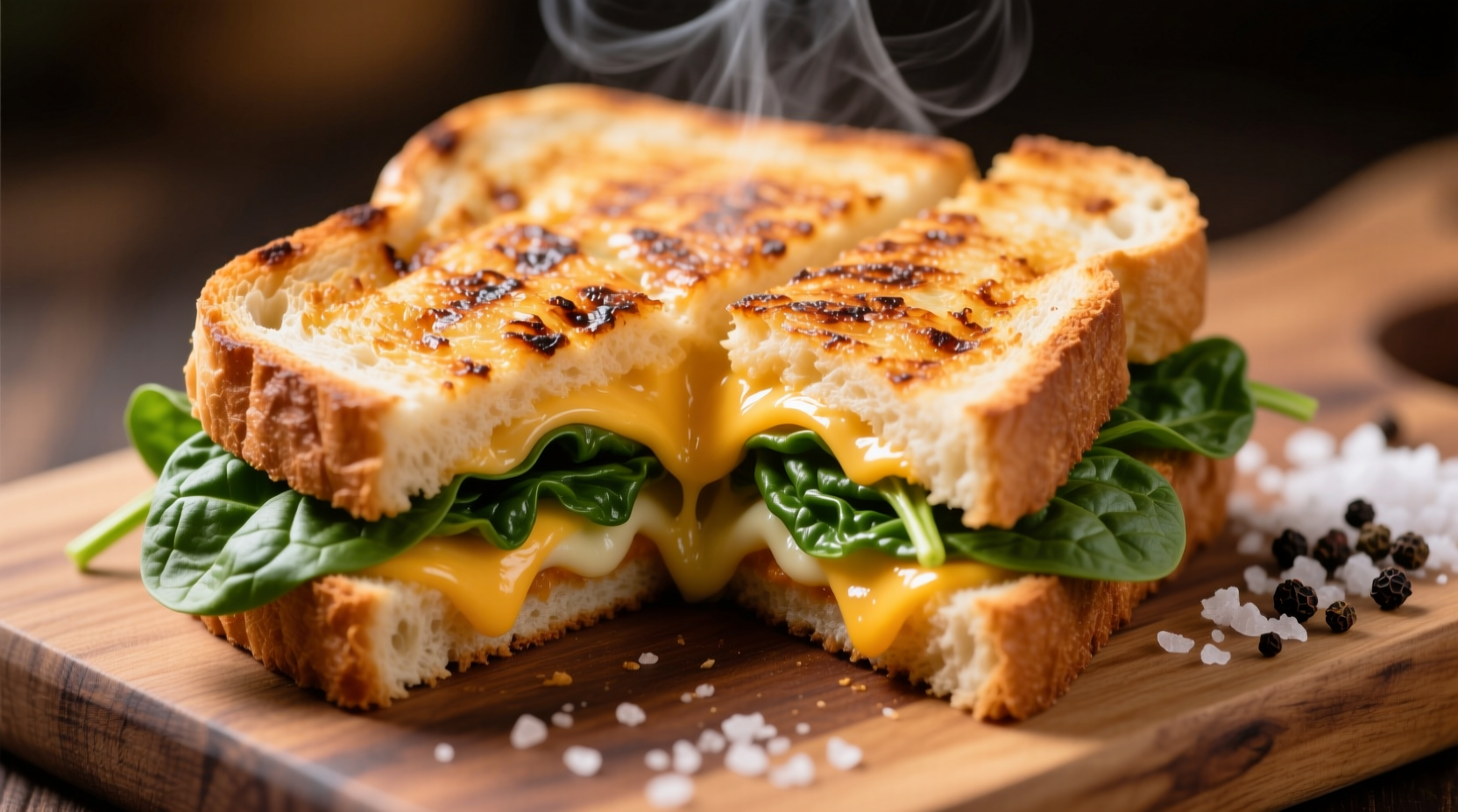 Perfect golden-brown spinach grilled cheese sandwich cut in half