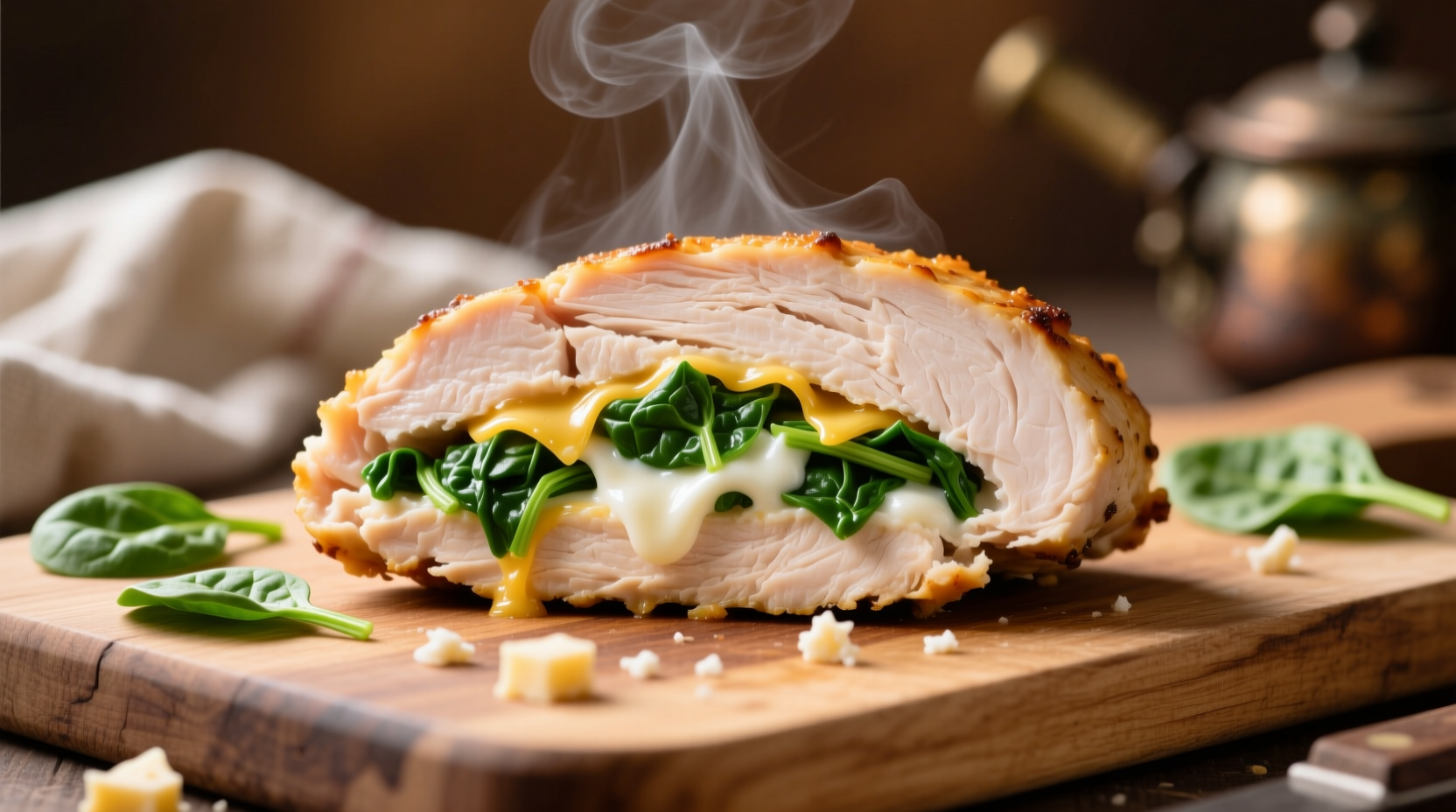 Sliced chicken breast showing green spinach and white cheese filling