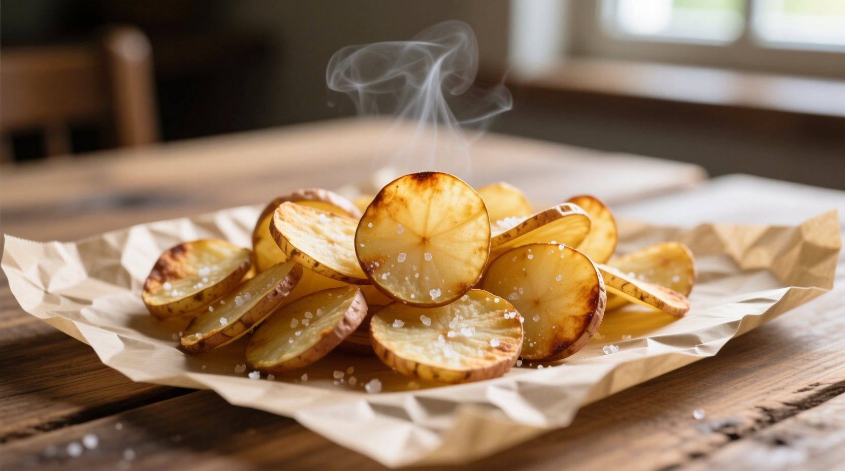 Homemade oven-baked potato chips on parchment paper