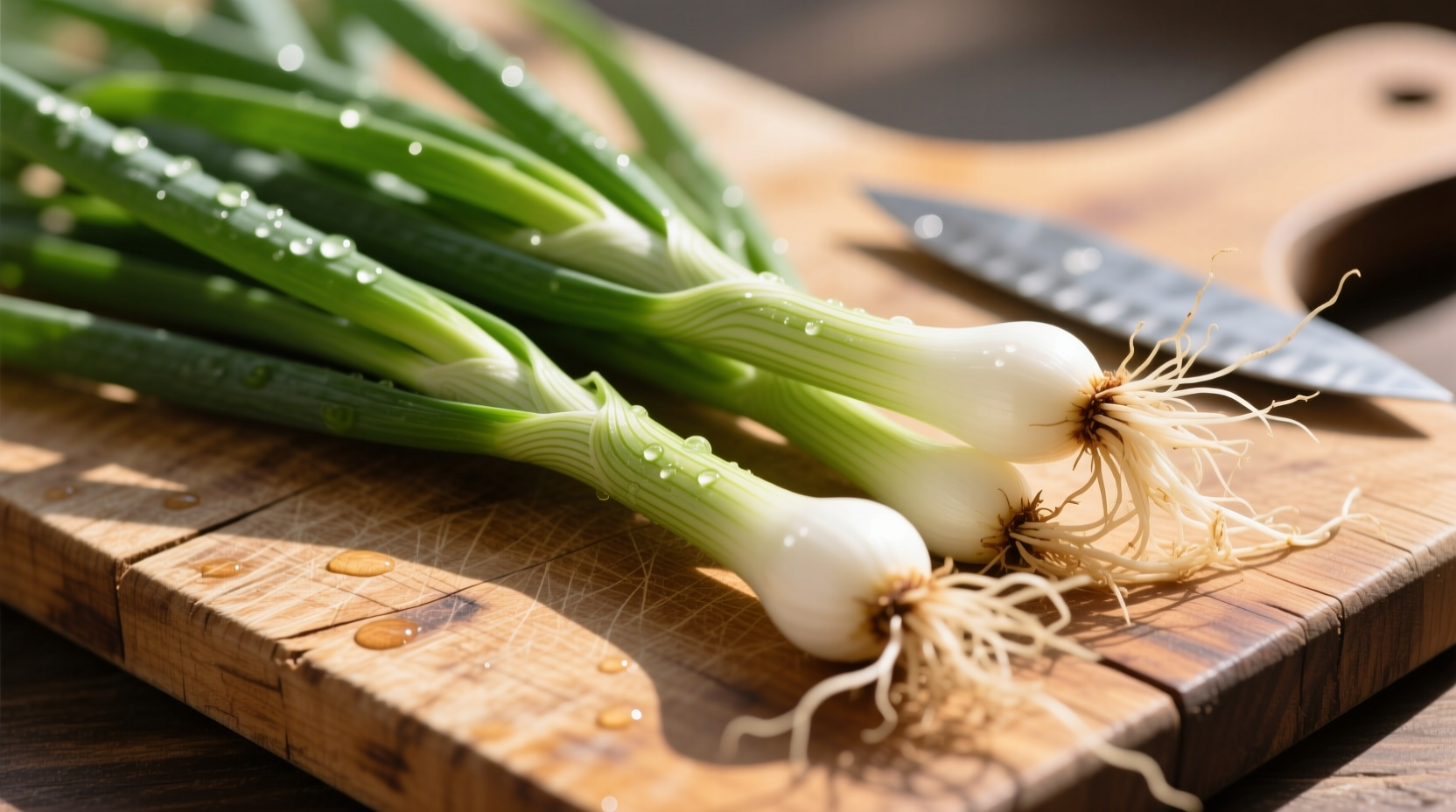 Fresh spring onions with roots intact on wooden cutting board
