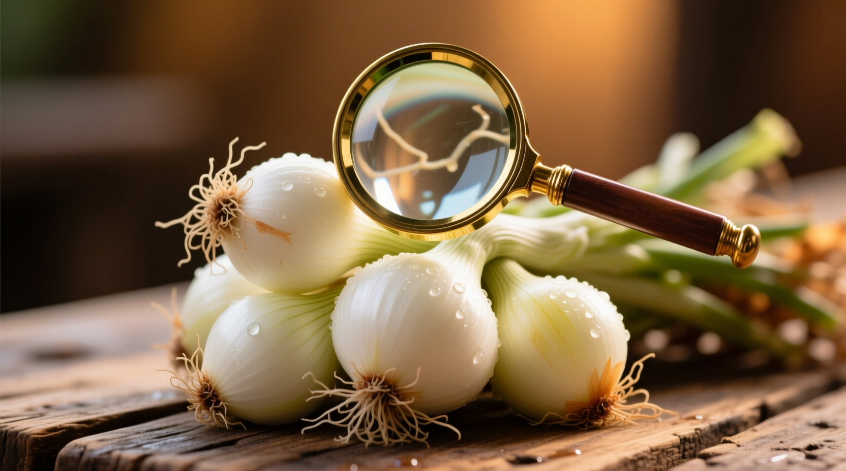 Fresh onions on wooden table with magnifying glass