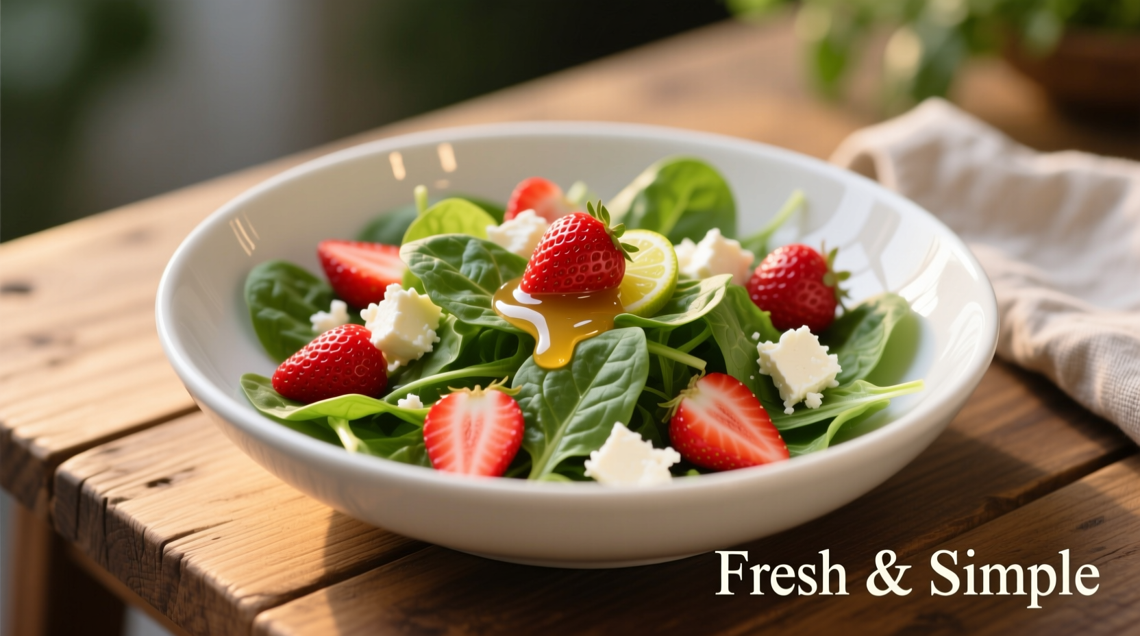 Fresh strawberry feta spinach salad in white bowl