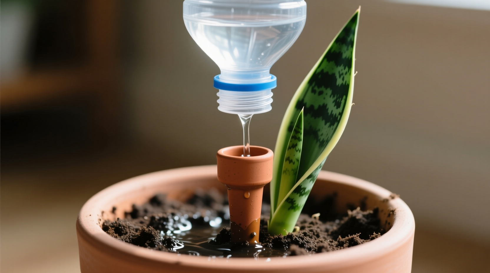 Close-up of a simple gravity-fed drip irrigation setup: a reservoir bottle inverted into a terracotta spike, feeding a single snake plant in a ceramic pot, with visible moist (not soggy) soil surface and healthy foliage