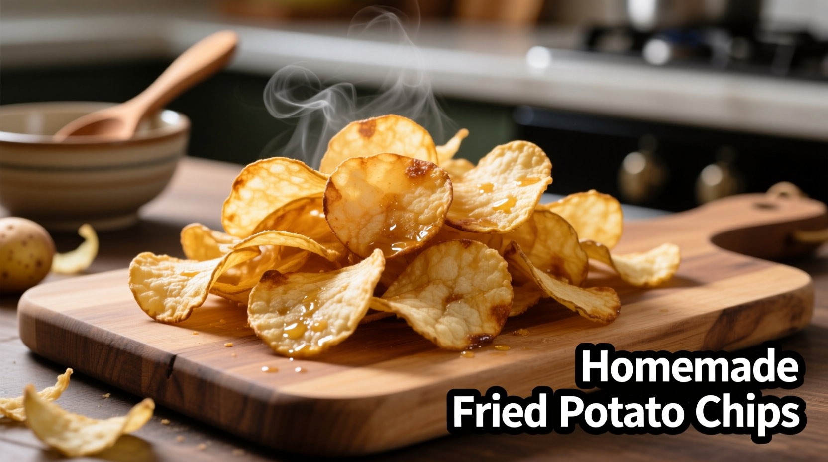 Homemade fried potato chips in golden perfection