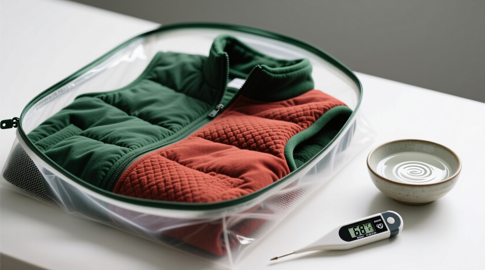 Close-up photo of a reversible fleece vest folded neatly inside a zippered mesh laundry bag, with a small bowl of white vinegar and a thermometer showing 68°F (20°C) beside it