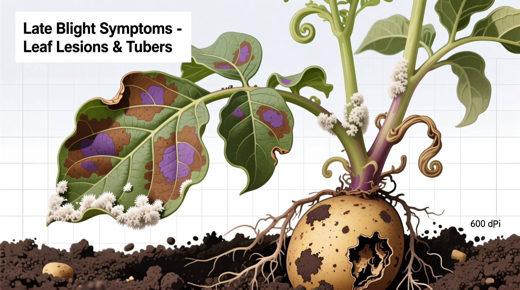 Potato late blight symptoms on leaves and tubers
