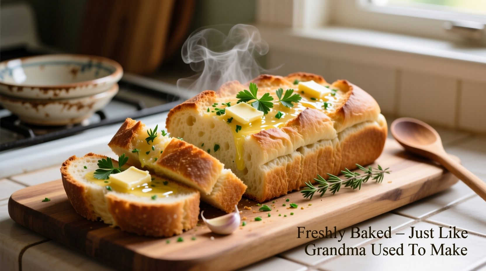 Homemade garlic bread with melted butter and herbs